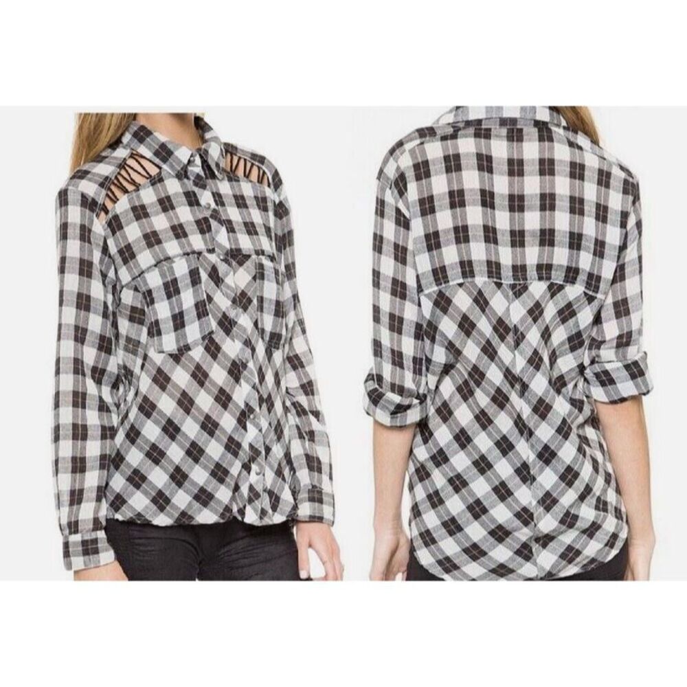 Free People Women's Plaid Lace Up Shoulder Shirt Snap Front Relaxed Fall Large